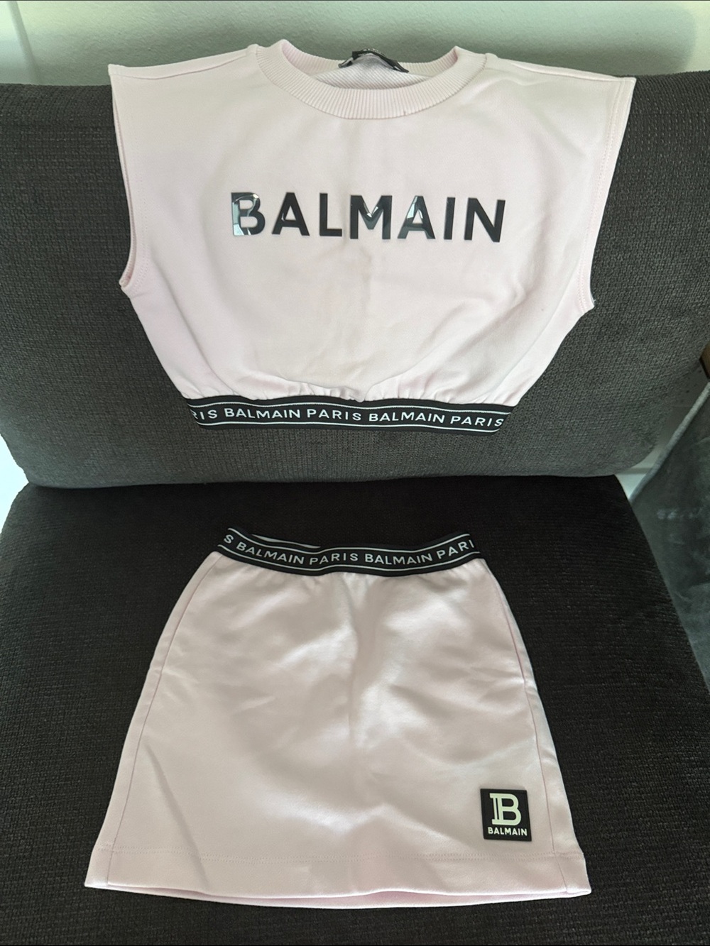Balmain Pale Pink Logo Crop Top & Skirt Set